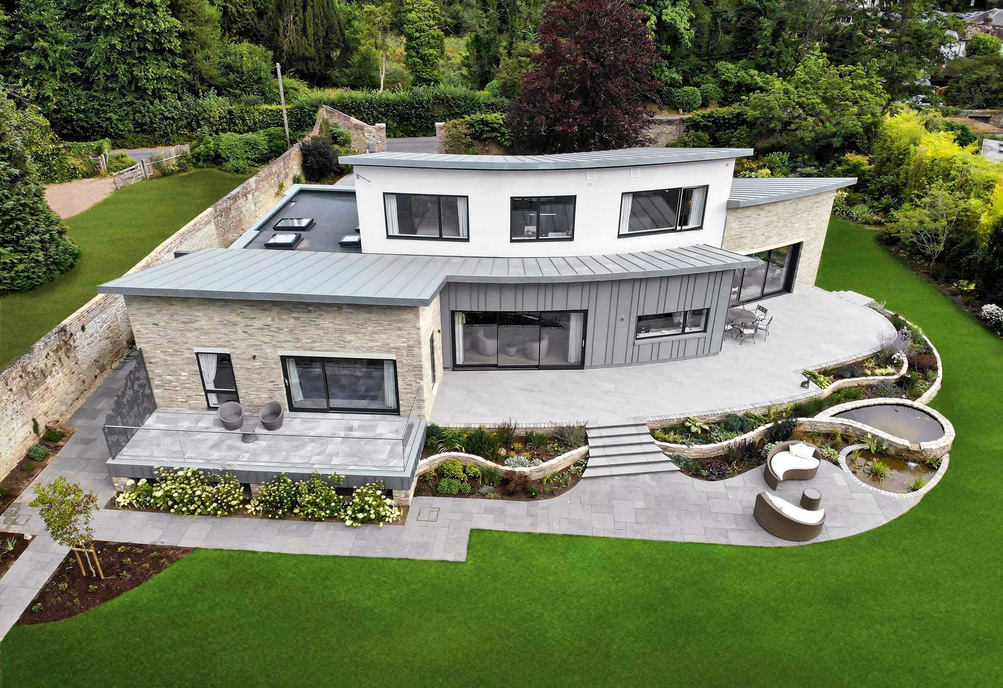 Exterior of The Zinc House. Elspeth Beard Architect. Built by KM Grant, Surrey