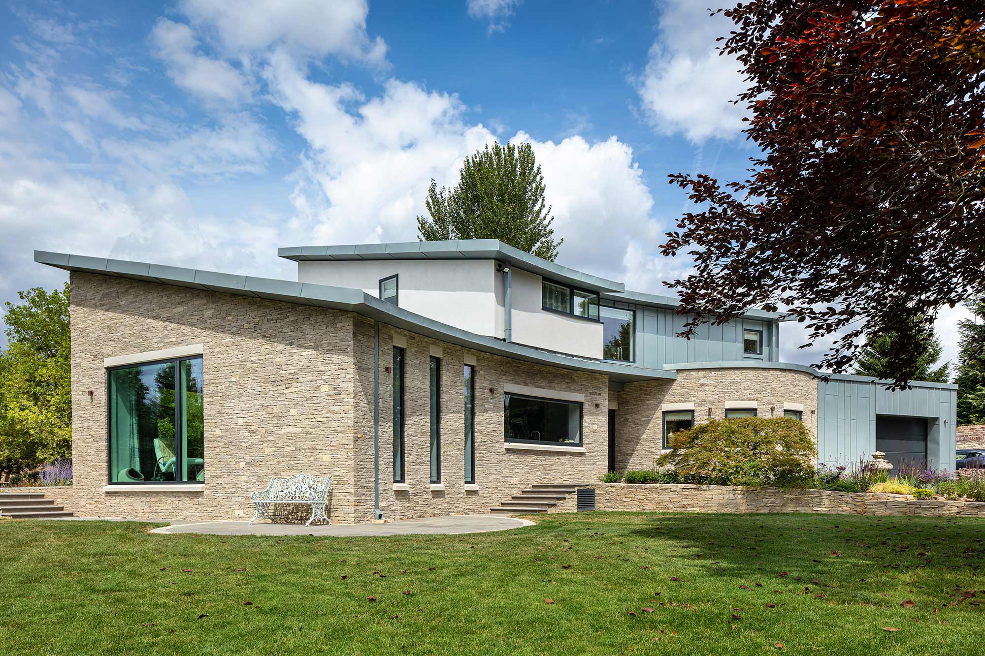 Exterior of The Zinc House. Elspeth Beard Architect. Built by KM Grant, Surrey