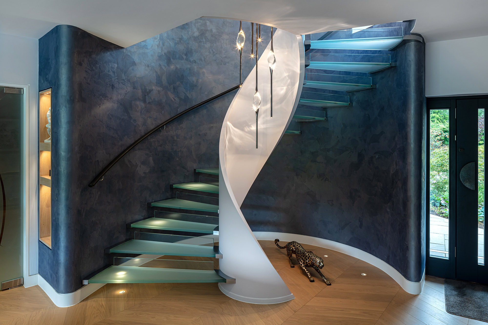 Glass staircase of The Zinc House. Elspeth Beard Architect. Built by KM Grant, Surrey